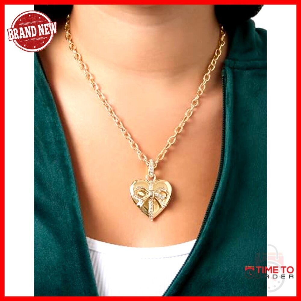 Gold-Tone Heart Pendant Necklace with Crystal Bow, 18"+3" Adjustable - Picture 3 of 6